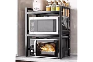‎YENTAKE YENTAKE Küchenregal(3-stufig) - Ausziehbarer Mikrowellenständer mit 6 Haken, 40-64cm Mikrowellen Regal, Höhenverstellbare Mikrowellenhalterung (Schwarz*3-stufig)