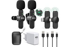 QTREE INTELLIGENCE Lavalier Mikrofon Wireless für iPhone,Android(2 Mikfon und 2 Empfänger), Plug-Play Ansteckmikrofon mit Ladegerät Kabelloses Reverberation Wireless mini Microphone für die TikTok/YoTube/Vlog