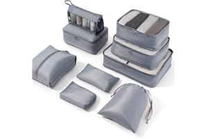 Meowoo 9 szt Organizer do Bagażu, kostki do pakowania do walizek, wodoodporny organizer na bagaż podróżny, torby do przechowywania, torba na niezbędne rzeczy podróżne, z kosmetyczką, Szare