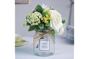 WAKISAKI Flores artificiales en jarrón para decoración de tocador, centros de mesa para mesas y escritorio de oficina, flores artificiales con jarrón para decoración de mesita de noche