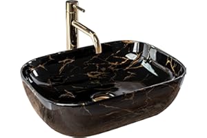 Rea LAVABO SOBRE ENCIMERA BELINDA MÁRMOL NEGRO BRILLANTE Lavabo de Baño 465 x 330 x 135 mm en Cerámica (Negro brillo, imitación mármol)