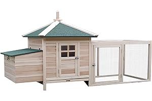 PawHut Gallinero de Madera de Pino Refugio Jaula para Gallinas Pollos Exterior con Caja Nido Bandeja Extraíble y Espacio para Correr 196x76x97 cm Natural