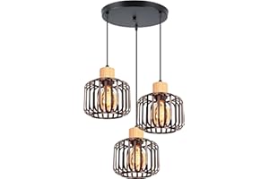 iDEGU 3 Luces Lámpara Colgante Vintage Lámpara de Techo en Madera y Metal Industrial Araña Colgante Diseño Jaula E27 Iluminación de Techo para Salón Dormitorio Cocina Comedor Cafetería (Redonda,Negro)