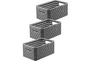 Rotho Country 3er-Set Aufbewahrungsbox 6l in Rattan-Optik, Kunststoff (PP) BPA-frei, anthrazit, 3 x A5/6l (28 x 18.5 x 12.6 cm)
