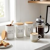 AmberHaus 3'l&uuml; Bambu Kapaklı Seramik Kavanoz Seti - Vakumlu &Ccedil;ay Şeker Kahve Saklama Kabı - Coffee Sugar Tea Yazılı Beyaz Baha