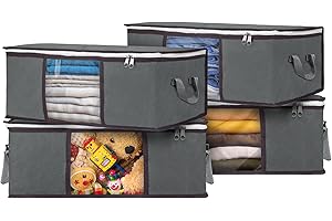 Budding Joy 35L Storage Bags Clothes Storage Bins Foldable Closet Organizers Storage Containers with Durable Handles Thick Fabric Clear Window for Blanket Sweater Toys Clothes 4 Pack, Grey
