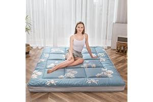 MAXYOYO Futon Mattress, Padded Japanese Floor Mattress Quilted Bed Mattress Topper, Extra Thick Folding Sleeping Pad Breathable Floor Lounger Guest Bed for Camping Couch (Blue Flower, Double)