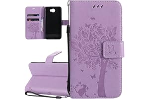 ISAKEN Compatibile con Huawei Y5 II Custodia, Libro Flip Cover Portafoglio Wallet Case Albero Design in Pelle PU Protezione Caso con Supporto di Stand/Carte Slot/Chiusura - Viola Chiaro