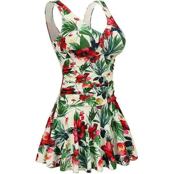AONTUS Plus Size One Piece Swimsuit – Tummy Control Swim Dress With Skirt, Green-Powder Stripes