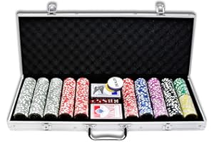 UISEBRT Juego de 500 fichas de póquer, incluye 2 barajas de póquer, 5 dados, 3 botones (500 fichas, carcasa de aluminio plateado)