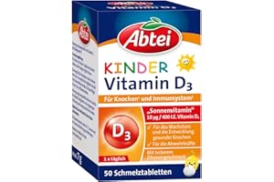 ‎ABTEI Abtei Kinder Vitamin D3 - für das Knochen- und Immunsystem von Kindern - Glutenfrei, laktosefrei, für Vegetarier geeignet - Mit Zitronengeschmack - 50 Schmelztabletten