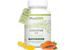 PlusVive Coenzym Q10 Kapseln hochdosiert I 1x 120 Kapseln I 200mg Coenzym Q10 pro Kapsel I CoQ10 Kapseln mit Papain & Spirulina I Nahrungsergänzungsmittel vegan & laborgeprüft