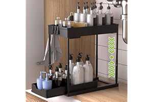 YOCOLE Sollevabile Organizzatore Sotto il Lavandino 2 Livelli, Scorrevole Scaffale Sottolavello Portaoggetti con 4 Ganci e 1 Bacinelle Sospese, Estraibile Cassetti Organizer per Cucina Bagno, Nero