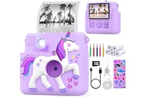 FUNKAM Macchina Fotografica Bambini Istantanea, con scheda SD 32GB, 5 pennarelli, adesivi, 5 rotoli di carta, ciondolo & Custodia Unicorno. Fotocamera Bambini e ragazze dai 3 ai 14 anni. (Viola)