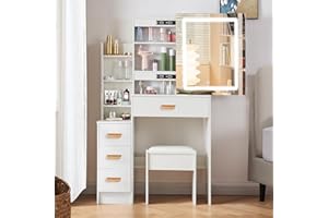 Guanglai Makeup Vanity with Storage Drawers & Sliding mirror 3 Lighting Colors, Vanity Desk & Table with Cushioned Stool White for Gril