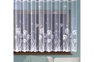 MforStyle White Net Curtain with Dandelions pattern Ready to Hang Slot top HEMMED EDGES 152cm drop / 200cm width