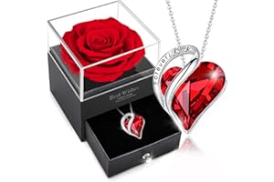 sopalmy Ewige Rose Box mit Herz Halskette, Upgrade Geschenke für Frauen mit Konservierte Ewige Echte Rosen & Herz Halskette aus 925 Sterlingsilber Schmuck Rosenbox für Geburtstag Valentinstag (Rot)
