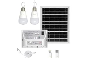 Sistema de iluminación solar,Funien Sistema de iluminación solar portátil Impermeable Panel solar de 5.5W Bombillas LED de 1W y 2W Controlador de 5000mAh con puerto de carga de teléfono Compatible