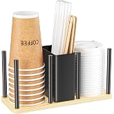 XILIMOR Coffee Cup Holder and Lids and 3 Compartments, Coffee Organizer with Straw Basket, Made of Metal with Wooden Base, fo