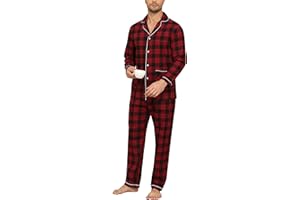 MoFiz Pyjama Homme Hiver Coton Ensembles de Pyjama Boutonné Devant Manches Longues Chaud Vêtements De Nuit à Carreaux Hauts de Pyjama et Bas de Pyjama avec Poches