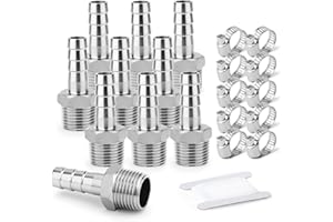 TAISHER 10PCS Raccords pour tuyaux d'air en acier inoxydable 304 forgé, Raccords pour tuyaux Barb 6MM Barb x 1/4" MBSP Adaptateur de tuyau avec 10PCS Collier de serrage pour tuyau