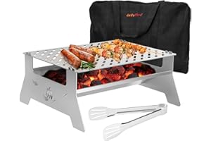 ONLY FIRE Onlyfire Barbacoa Portátil, Acero Inoxidable Parrilla Barbacoa con pinza de carne para acampar Picnic al Aire Libre Terraza Jardín Fiesta Reunión