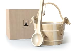 Northwood Sauna Bucket and Ladle Set - Handmade from Finnish Pine Wood - Plastic Liner and Rope Handle