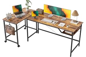 Mericonia 160 cm Computer Desk with Wheels, Switchable L-Shaped Table Game Table, Home Office Work Study Table with 2 V-Shaped Bars for Home Office, Student Study, Brown