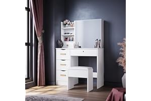 ELEGANT Dressing Table Set with 5 Drawers & 4 Shelves, Makeup Desk with Sliding Mirror and Cushioned Stool, Large Storage White Vanity Table for Girls