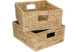 HMF Woven Wicker Storage Basket, Natural Water Hyacinth, Solid and Decorative Box, Rectangular Wicker Basket Compatible with Kallax Half Shelf | Set of 2 | 30 x 34 x 15 cm