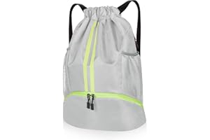 Benxdara Waterproof Drawstring Gym Bag, Breatheable Drawstring Backpack Gym Sack with Shoe Compartment, 2 Mesh Side Pockets and Insided Separation Bag, Outdoor Swim PE Bag for Adults & Kids, Grey
