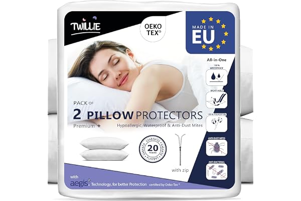 Twillie Vattentätt kuddfodral (set om 2) - för kudde 50 x 60 cm, premiumkvalitet Oeko-TEX®-certifierad, Aegis® allergivänlig, anti-kvalster, bakteriell - tillverkad i Europa