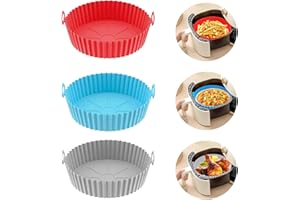 Echehi 3 Pack Airfryer Silikonform, 8-Zoll Silikonform für Heißluftfritteuse sind Wiederverwendbar und Ersetzen Einweg-Pergament-Liner. Silikon-Zubehör für COSORI, Ninja, Tower. Rot+Blau+Grau