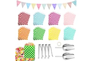 FIHODONE Sac Cadeau avec Accessoires,80 Pièces Pochette Cadeau,4 Pinces À Sucre et 2 Pelles et 1 Bannières,Sachet Bonbons Anniversaire Sac Bonbon Colorés À Pois,Sac Anniversaire Enfant pour Fêtes