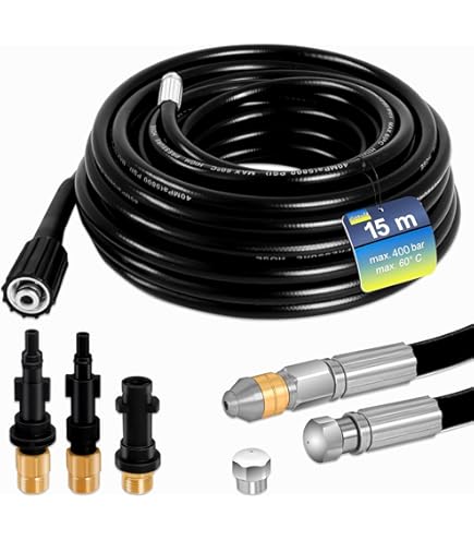 Lospitch rioolreinigingsslang set 30M, met stijve roterende sproeiers, 3 adapters, voor gangbare hogedrukreinigers, universeel rioolreinigingsset Lospitch rioolreinigingsslang set 30M, met stijve roterende sproeiers, 3 adapters, voor gangbare hogedrukreinigers, universeel rioolreinigingsset