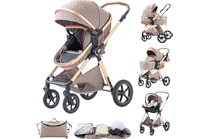 BEBBY Kinderwagen, Standard-Kinderwagen, Kinderwagen 3 in 1,Kinderwagen mit Faltbarem Tragbarem für Neugeborene aus Aluminium mit Beinabdeckung und Netz-H2-KHAKI