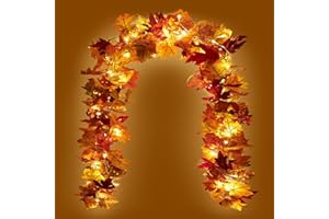 KASZOO 2 Pack Autumn Garland with LED Lights – 5.8FT Fall Maple Leaf Decor for Thanksgiving Halloween Garland Autumn Decor for Fireplace Door Table Indoor Outdoor