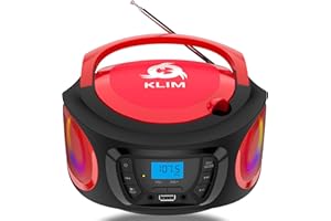 KLIM Boombox Poste Radio CD -Radio FM, Poste CD Bluetooth, MP3, USB, AUX - Piles Rechargeable Incluses - Modes Filaire et sans Fil - Compact et Robuste Lecteur CD Portable- Rouge