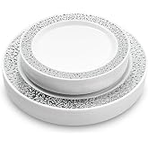 MATANA 40 Premium White Plastic Plates with Silver Rim (2 Sizes: 20 x 26 cm, 20 x 19 cm) - Elegant, Sturdy and Reusable - Wed