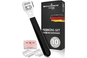 Schwertkrone Hornhauthobel Set mit 10 Klingen [MADE IN SOLINGEN - GERMANY] – Hornhaut Hobel – Hornhautentferner mit Ersatzklingen – Fußpflege Werkzeug für Männer & Frauen – Edelstahl Profi Pediküre