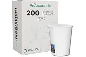 ecodrinks - 200 Bicchieri Carta Bianco da 240ml - Per Acqua, Cocktail, Bevande Calde e Fredde - Biodegradabili, Eco-friendly e Made in Italy