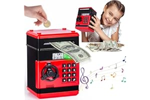 Ltteaoy Salvadanaio elettronico digitale con tastiera password, Salvadanaio elettrico grande per monete e banconote, mini automatica di risparmio ATM, Regaloper Bambino Bambina 5 ai 12 Anni (Rosso)