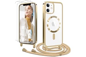 Ethanger Mobile Phone Chain for iPhone 12 iPhone 12 Pro Case with Strap + 2 Pieces Glass Screen Protector Transparent Silicone Mobile Phone Case Magnetic Protective Case for Hanging iPhone 12/12 Pro