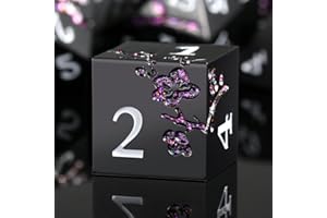 Glitter Purple Metal D&D Dice, DNDND 7 PCS Flower Metallic DND Dice Set with Grogeous Gift Case for Dungeons and Dragon Tabletop Game (Matte Black with Glitter Purple Flower)