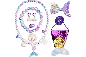 Nivofu Meerjungfrauen Schmuck Mädchen, 7 Stück Meerjungfrau Schmuckset mit Halskette Ringe Armbänder Ohrring, Meerjungfrau Geldbörse Haarspange, Kinderschmuck Dressup Set, Geschenke für Mädchen