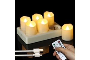 FREEPOWER 6 lumini led ricaricabili USB con stazione di ricarica, candele elettriche con telecomando, timer tremolante, dimmerabili, luce bianca calda, decorazione, 4 x 4.5cm