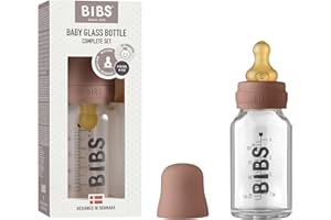 BIBS Baby Glass Bottle 110ml, Vermindert Koliken, Runder Sauger aus Naturkautschuklatex, Unterstützt das Stillen. Complete Set - 110 ml, Woodchuck