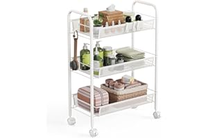 WELDUN 3-Tier Storage Trolley, Rolling Cart, Mesh Storage Cart, Metal Bathroom Cart, Portable, Stable and Easy to Set up, Bedroom Kitchen Bathroom Living Room Storage Cart, Metal, White
