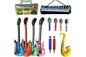 AINIUNIU 13 Pièces Instruments Gonflables Coloré Gonflable de Jouet, Guitares, Microphones, Saxophones, Radio, Piano électrique, Pompe à Air, Décorations pour Carnaval Fêtes, Disco Party