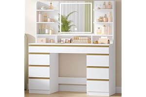 Hzuaneri Grande Coiffeuse avec Éclairage LED, 3 Couleurs, Luminosité Réglable, Miroir, 9 Tiroirs, 9 Étagères Ouvertes, Blanc-Or DT41903X